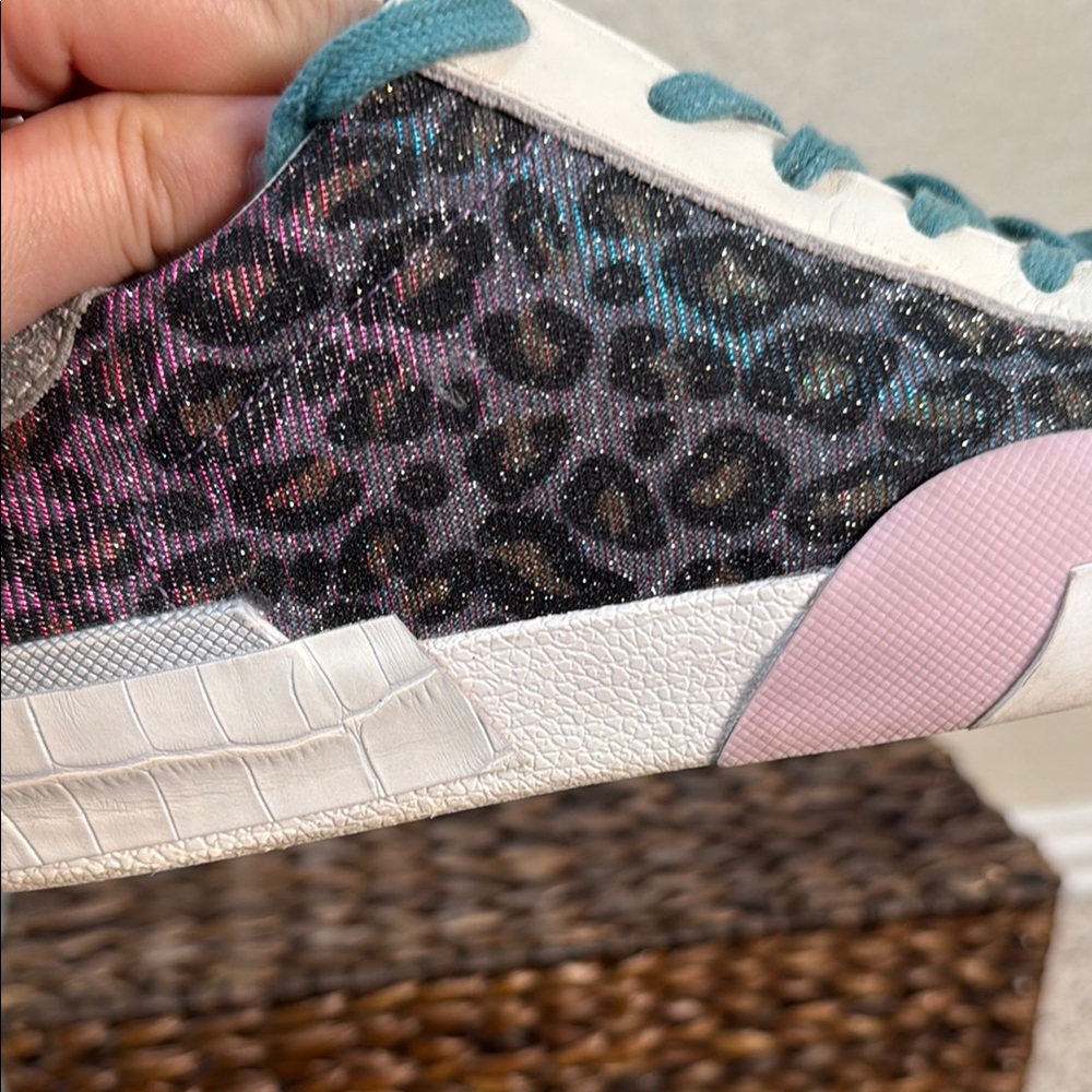 Dolce Vita Women White Sneakers with Glitter‎ Leopard Print Teal Laces Size 10 - Picture 7 of 7